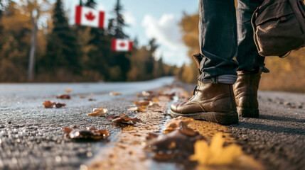 A man wearing boots and carrying a backpack stands on the pavement next to the Canadian flag and the border