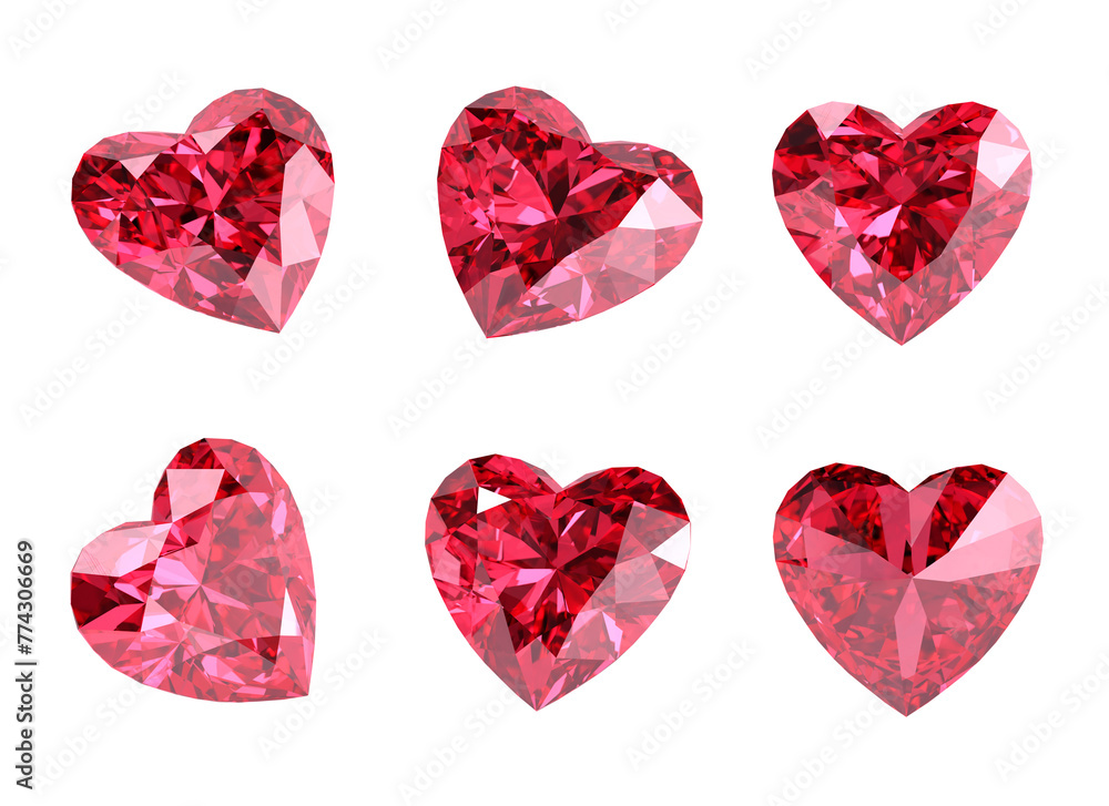 Poster heart shape diamonds ruby isolated on background 3d rendering