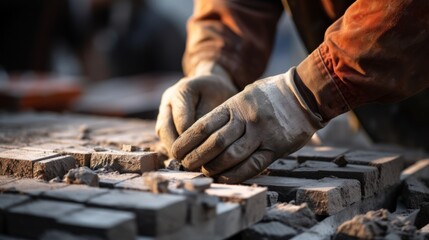 Close-up of the hands of an industrial bricklayer installing bricks on a construction site - obrazy, fototapety, plakaty