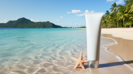 Empty mockup white cosmetic tube on the beach with starfish and seashells