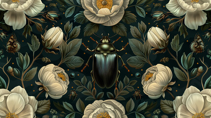 Floral textile wallpaper on a dark background with a beetle in the center and peonies around the outside