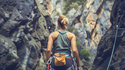 From behind, a young woman stands before a formidable rock in the mountainous terrain, outfitted with climbing equipment.