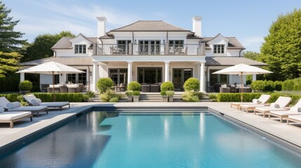 Fototapeta premium Mediterranean inspired villa with a sprawling garden and a private beach access in the exclusive Hamptons, New York