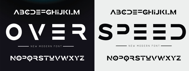 Sport style universal font. Fast speed, futuristic, technology, future alphabet. Letters and numbers for military, industrial, electric car racing logo design. Modern minimalistic vector typeface - obrazy, fototapety, plakaty
