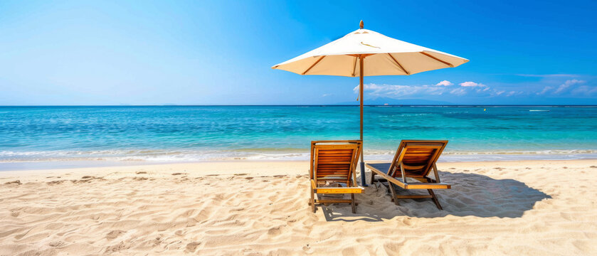 Tranquility embraces the beach as wooden sun loungers, a sun lounger, and a welcoming umbrella rest upon the soft sand.