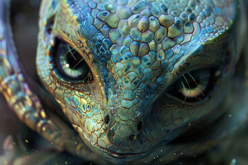 A blue lizard with a green eye is shown in the image