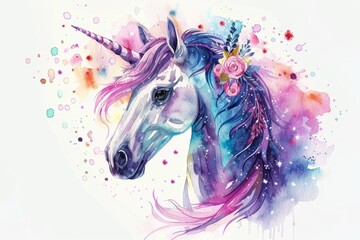 Obraz na płótnie Canvas Vibrant Galaxy Unicorn: A Watercolor Portrait with Floral Decoration and Clean White Background Generative AI