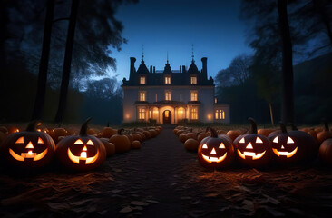 Mysterious castle house with sparkling pumpkins surrounding it during Halloween. Wallpaper, trick or treat