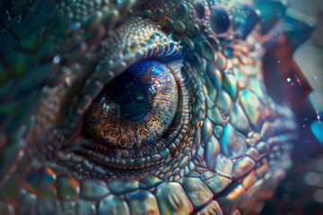A close up of a lizard eye with a blue iris
