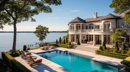 Mediterranean inspired villa with a sprawling garden and a private beach access in the exclusive Hamptons, New York