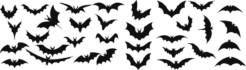 Bats horror flat set. Sticker with black mouse for Halloween decoration. Simple icon with animal from different sides. Silhouette of flying bat collection.