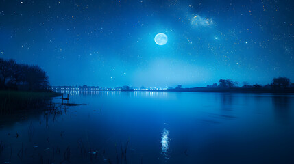 Moonlit Serenity: A Tranquil Night Sky Gently Illuminated by the Glowing Full Moon