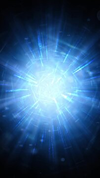 Vertical Travel Into the Sci Fi Light Background 4K Loop features a view flying into a vortex of abstract lights in a blue atmosphere in a vertical ratio loop.