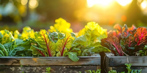 Lush vegetable garden in raised wooden bed featuring lettuce and chard illuminated by golden sunlight. Concept Vegetable Garden, Raised Wooden Bed, Lettuce, Chard, Golden Sunlight