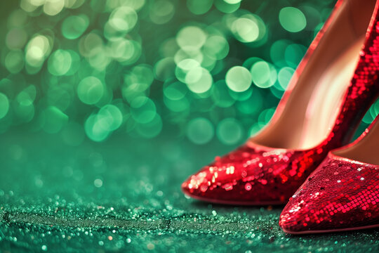 A pair of ruby slippers against an emerald green background. 
