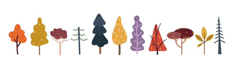 Set of decorative doodles of colorful autumn trees, fir trees.Vector graphics