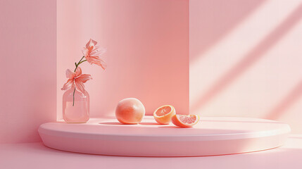 Garrafa de água com flores dentro, ao lado de laranjas e outras frutas, sobre um balcão de cozinha em tons de pêssego pastel