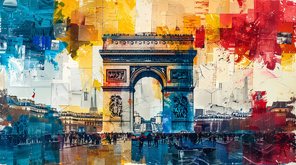 Collage mosaic color on the theme of France in the colors of the French flag in retro style. Style of collage and mosaic from various materials and fragments
