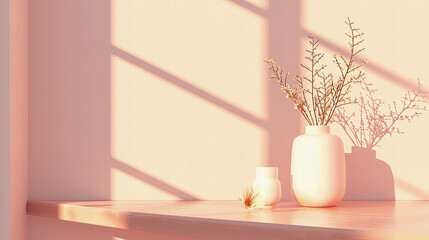 Vaso de flores posicionado contra a luz da janela em uma sala com cor de pêssego pastel - obrazy, fototapety, plakaty
