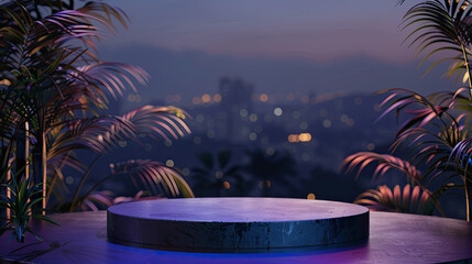 Empty Round Stage with Tropical Plants and City Skyline at Night