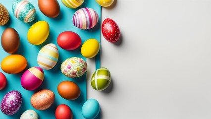 Colorful easter eggs on a white background with space for text