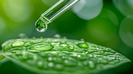 A drop of oil on the tip of a pipette drips onto a green leaf, close-up