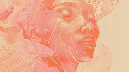 Foto op Plexiglas Um rosto feminino com olhos fechados em tons de pêssego pastel, transmitindo um sentimento de serenidade, em uma arte ilustrativa © Raul