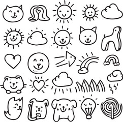 Cute kid scribble doodle icons set thin line icon