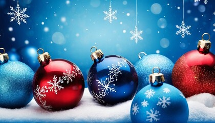 Christmas background with a blue color, decorated with snowflakes and Christmas balls, with a Copy space