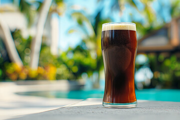 Dark ale in a glass on a white concrete surface against the background of a luxury tropical hotel - obrazy, fototapety, plakaty
