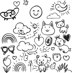 Cute kid scribble doodle icons set thin line icon