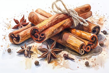 Vibrant Watercolor Illustration of Cinnamon, Star Anise, and Clove on White Background Generative AI