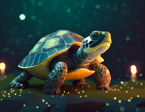 Contemporary Digital Colorful illustration with Polygonal Turtle. Multicolored Cute cyber little Turtles. World Turtle Day. Illustration Design. Copy Space.