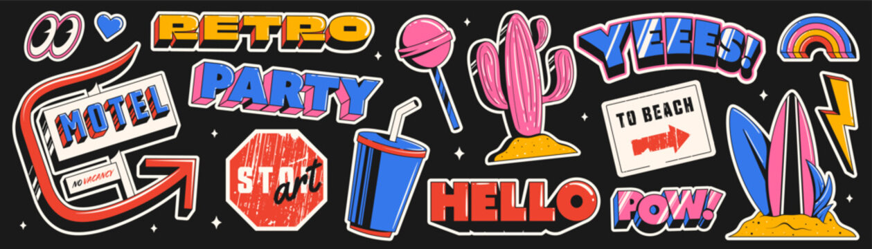 A set of retro stickers on a black background. Vintage comic book style words, retro summer vibe and trip elements.