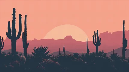 Foto op Plexiglas Fim de tarde no deserto, com silhuetas escuras de cactos e um pôr do sol em tons de laranja e pêssego pastel, criando uma atmosfera serena e encantadora © Raul