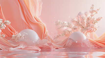 Fundo abstrato em tons de pêssego pastel, adornado com bolhas, cortinas de tinta e suaves flores pêssego