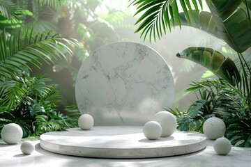 Contemporary Podium with Green Stone Detail and Tropical Leaves Backdrop - Front View Generative AI