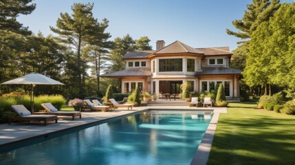 Fototapeta premium Mediterranean inspired villa with a sprawling garden and a private beach access in the exclusive Hamptons, New York