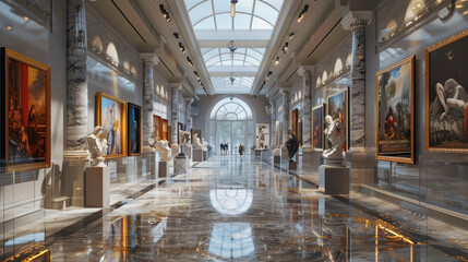 Museum hall interior with paintings, marble statues and shiny floor, expensive classical design. Theme of art, modern luxury gallery, room, history. - Powered by Adobe