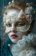 Venetian Mask with Floral Accents and Pearls on Elegant Woman