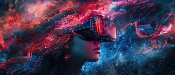 Young woman uses VR headset on abstract dark smoke background, portrait of girl wearing futuristic glasses and fire. Theme of technology, virtual reality, future, art