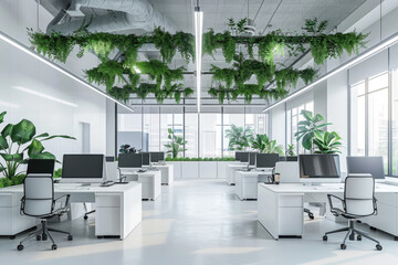 Modern office interior with green plants, desks and computers, empty room with white design. Theme of business, work, workplace, space, workspace.