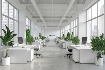 Fototapeta premium Modern office interior with green plants, desks and computers, empty room with white design. Theme of business, work, table, workplace, space,