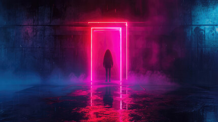 Futuristic portal in concrete wall, red neon door with person, girl stands in dark room. Concept of travel, sci-fi, people, cyberpunk, science, future