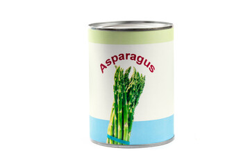 A fake generic labelled food can of asparagus spears isolated on white