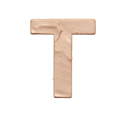 The capital letter T is created with a light beige tonal base or acrylic paint on a white background.
