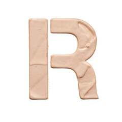The capital letter R is created with a light beige tonal base or acrylic paint on a white background.