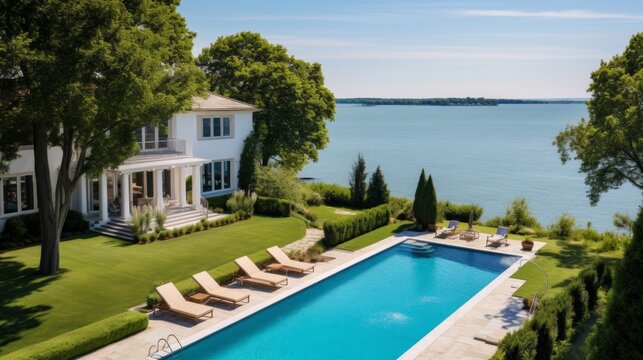 Mediterranean inspired villa with a sprawling garden and a private beach access in the exclusive Hamptons, New York