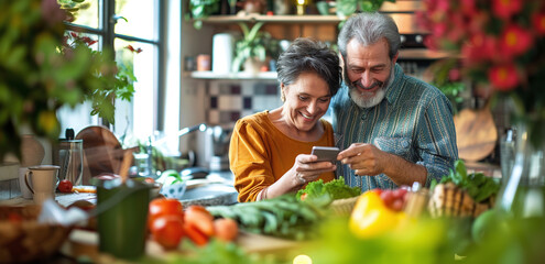 Happy older mature senior family couple, middle aged man and woman looking at cell phone using smartphone mobile technology device together and talking sitting at home table doing online shopping. - Powered by Adobe
