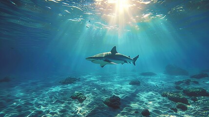 Shark in the deep blue sea. Hawaii underwater shark